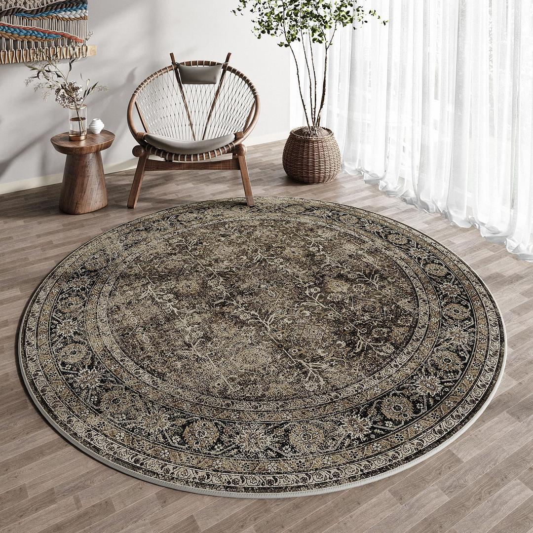 Brown Round Area Rug 3ft Entryway 3x3 Circle Vintage Indoor Kitchen Washable Door Mat Living Room Carpet Non Slip Traditional Distressed Retro Accent Throw Rug Office Dining Room Bathroom