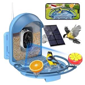 Bird Feeder with Camera, 2K HD Camera Birds Feeder with Bath Wireless Outdoor, Solar Powered Bird Watching with APP Control, Night Vision, Motion Detection Alerts, IP66 Birdfeeder for Backyard, Blue