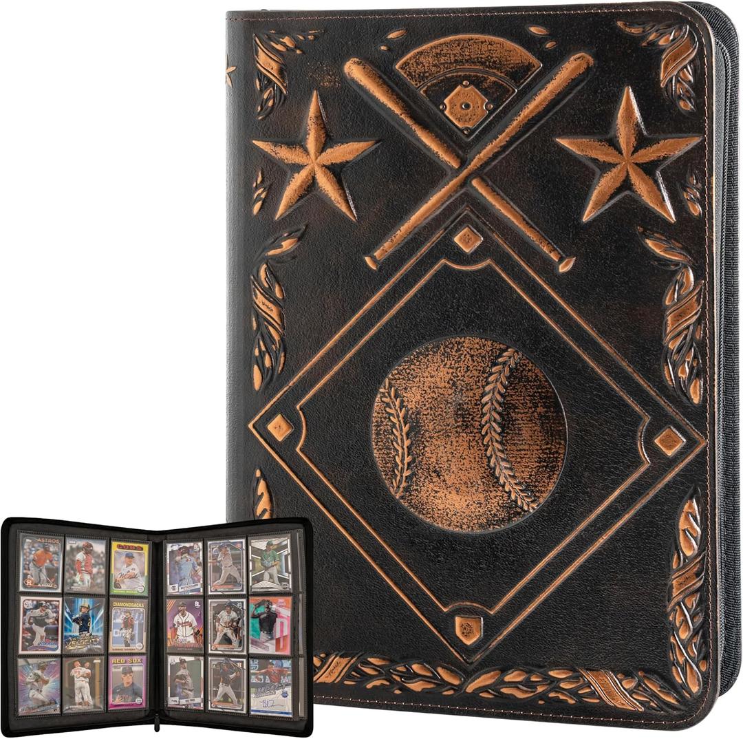 Baseball Card Binder - Stunning 3D Raised & Hand Colorwashed PU Leather Binder - 9 Pocket Album w Zipper - 360 Side Loading Sleeves Book for Baseball Trading Cards - Works with Topps, Bowman, Panini..