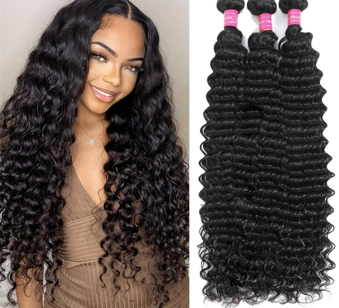 Deep Wave Human Hair Bundles - 20/22/24 Inch Deep Curly Brazilian Virgin Wet & Wavy Bundles - 3 Pack 12A Human Hair Extensions