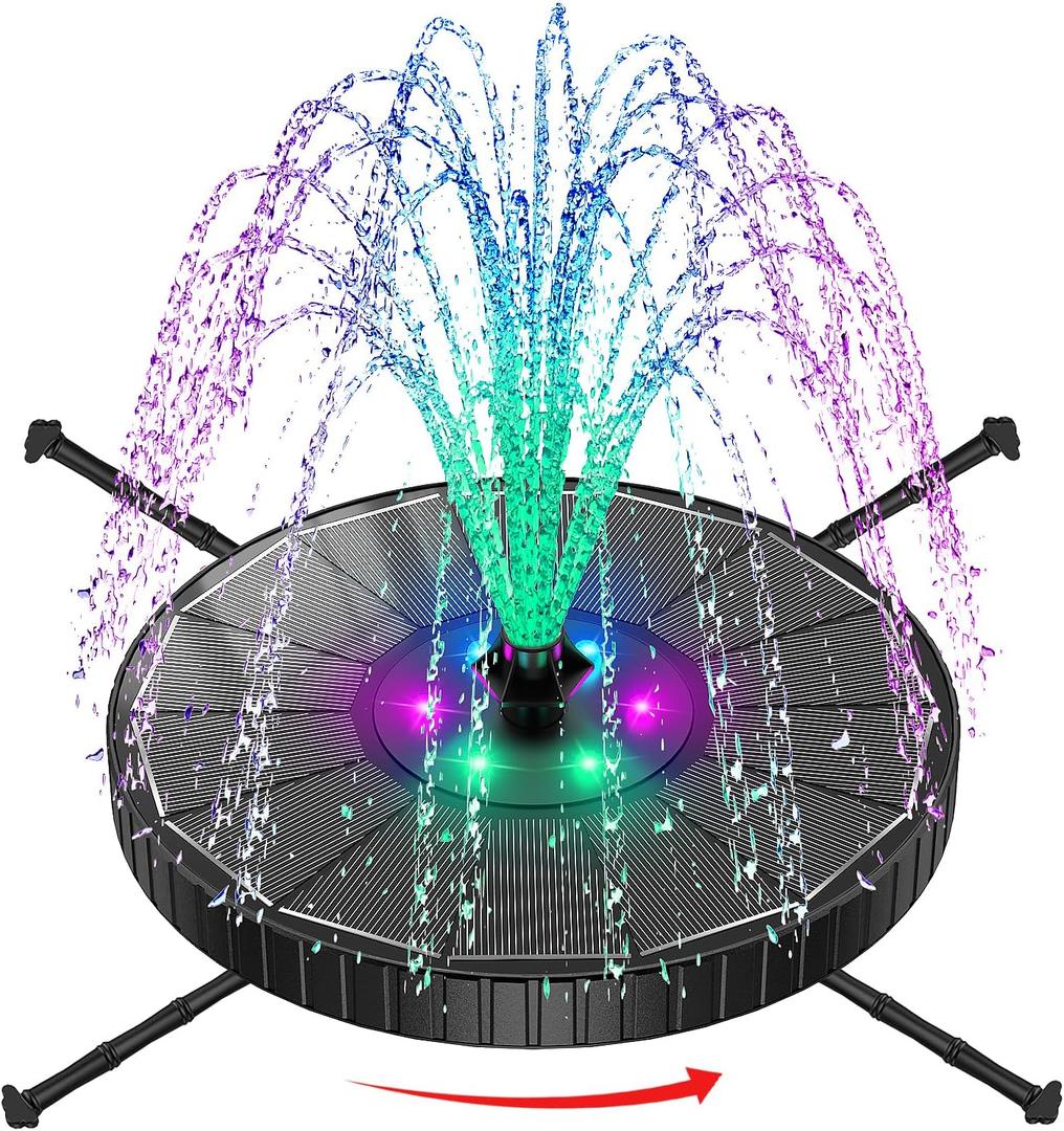 SZMP 3.5W Glass Solar Fountain with Swivel-Out Fixed Rods, Solar Bird Bath Fountains with LED Lights and 2000mAh Battery, 7 Nozzles, Outdoor Solar Water Fountain Pump for Garden, Pool, Pond (Black)