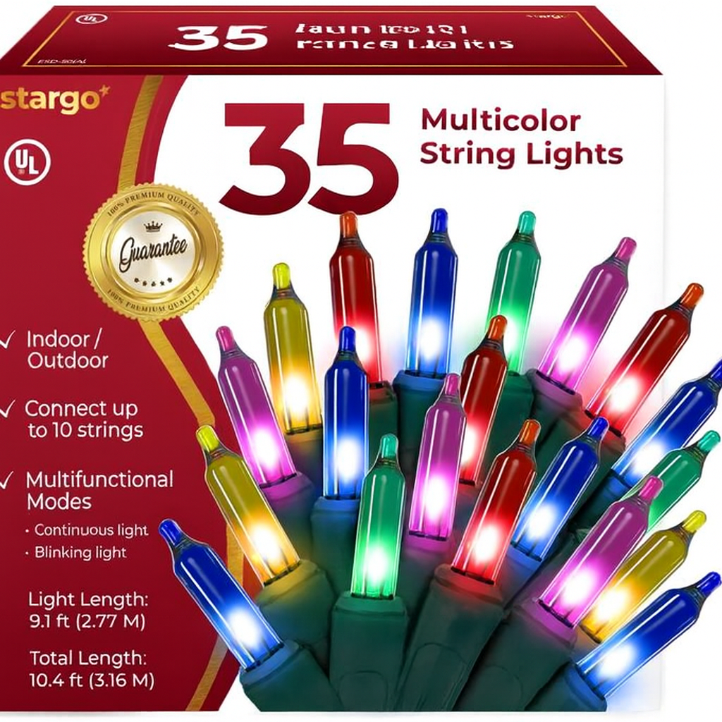Warm Multi Color Christmas Tree Lights - 9 ft String of 35 Incandescent Mini Bulbs Multifunctional Lighting Modes, for Decorative, Bedroom, Outdoor, Xmas Twinkle Lights with Green Wire Total 10.4 ft