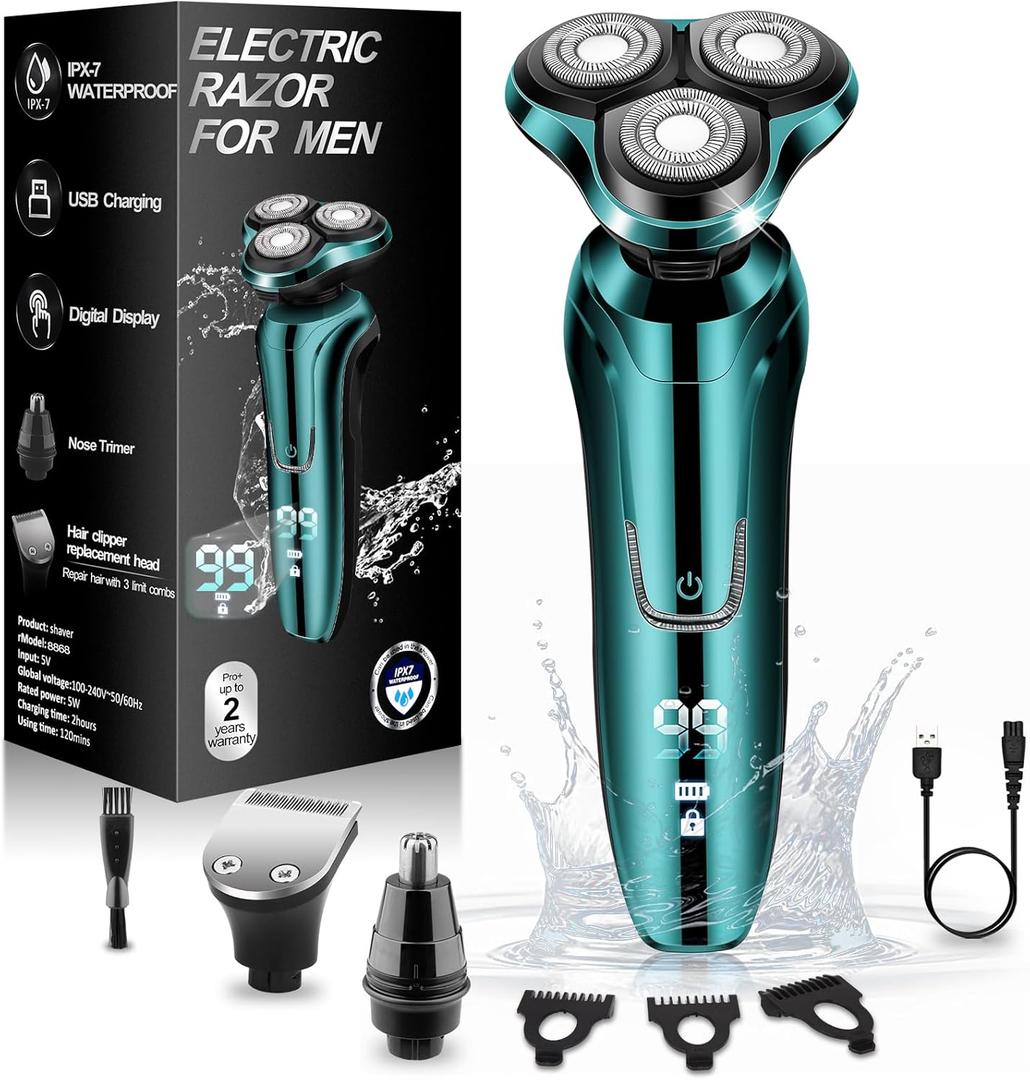 Electric Razor for Men,Mens Shavers Rotary,LED Display 100% Waterproof Cordless Razor, Wet/Dry Shaving,Electric Shaver for Men Includes Nose Hair Trimmer Beard Trimmer Travel Shaver