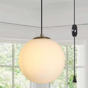 Gold Plug-in Pendant Lights - Mid Century Globe Light Fixture with Milk Glass, Modern Ceiling Chandelier, Large Hanging Pendant Light for Kitchen, Bedroom, Living Room, Dinning Room, Hallway