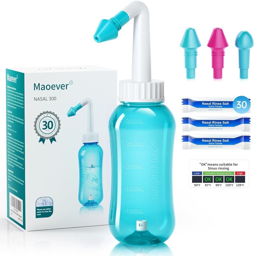 Neti Pot Sinus Rinse Bottle Nose Wash Cleaner Pressure Rinse Nasal Irrigation for Adult & Kid BPA Free 300 ML with 30 Nasal Wash Salt Packets and Sticker Thermometer (Green)