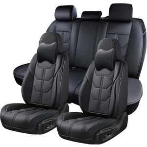 Black Car Seat Covers Full Set, Universal Front and Rear Seat Covers for Cars, Waterproof Leather Auto Seat Protectors with Head Pillow, Car Seat Cushions Fit for Most Sedans SUV Pick-up Truck