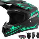 Youth Kids Dirt Bike Motocross Helmet (Goggles Gloves Face Mask) 4PCS Set, DOT Approved Boys Girls Full Face Motorcycle Helmets, ATV BMX MX Mountain Bike Off Road Kid Helmet (Green, M)