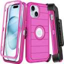 for iPhone 15 Case with Belt Clip Holster,Built-in Screen Protector,Heavy Duty Shockproof Drop Protection Military Grade 3 Layers Rugged Durable Phone Cover with Kickstand for Apple 15 6.1" (Rose)