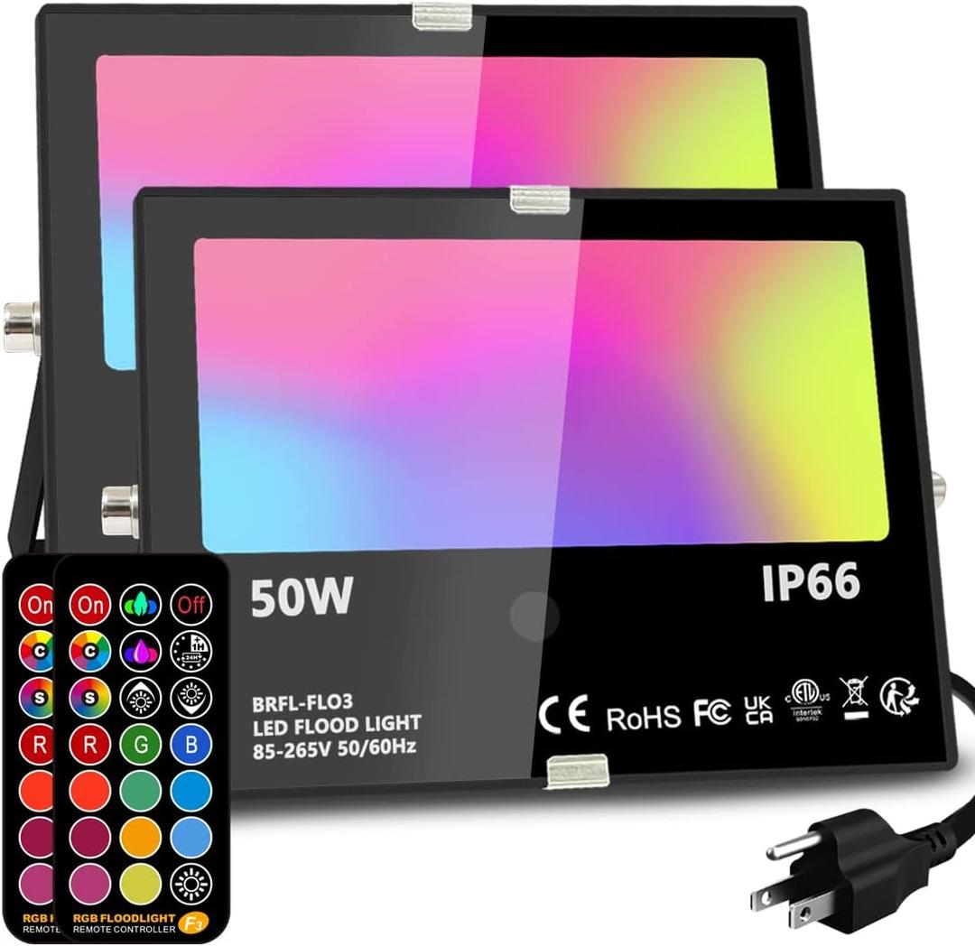 MELPO Led Flood Light Outdoor, 50W RGB Color Changing Landscape Lighting with Remote, Timing - 12 Colors - 4 Modes, IP66 Waterproof, US 3-Plug, (Pack of 2)