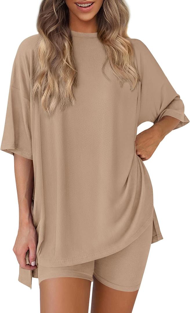 PRETTYGARDEN Women 2 Piece Lounge Set 2026 Summer Casual Oversized Shirts Biker Shorts Matching Airport Travel Outfit Clothes (Beige, S)