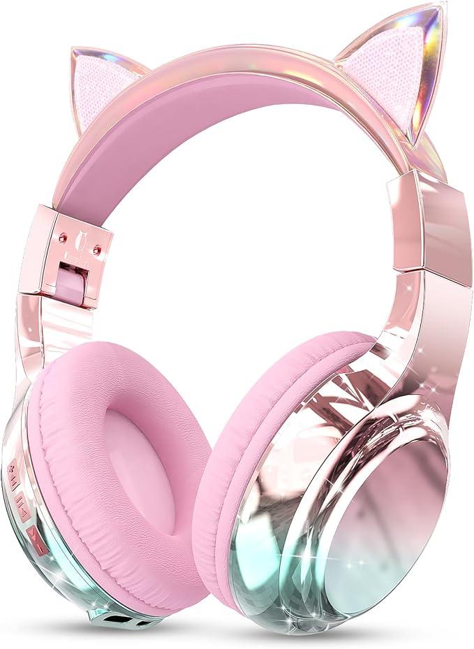 QearFun Kids Cat Ear Bluetooth Headphones, 60H Playtime, 74/85/94dB Safe Volume Limit, Metallic Gradient Wireless Headset with Mic, Fast Charging, Foldable, Wired Mode for Girls School/Tablet/Travel