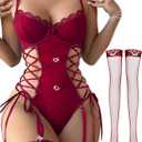Lilosy Sexy Floral Lace Up Belt Garter Underwire Teddy Bodysuit Lingerie Set (Medium, Burgundy Red)
