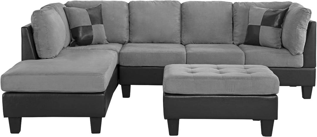 Casa AndreaMilano 3 Piece Microfiber and Faux Leather Sofa and Ottoman Set, 102" W, Grey, EXP002-3PC-GREY