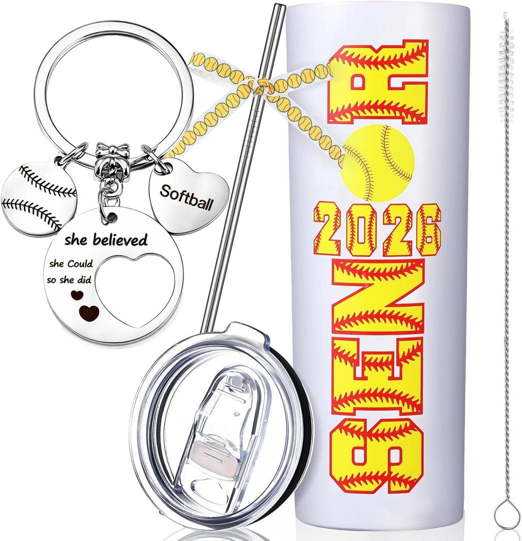 Rtteri Softball 2026 Senior Night Gift Set, 20 oz Tumbler with Straw and Lid, Softball Ribbon and Keychain, Graduation Gifts for Sport Players, Team Awards, 2026 Senior Night Present