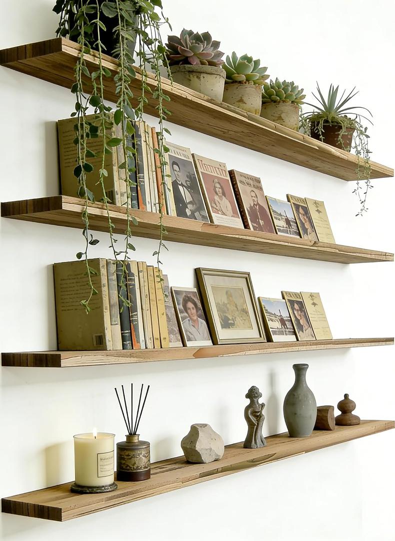 48 Inch Rustic Wood Floating Shelves Farmhouse Wooden Wall Shelves for Bathroom Bedroom Living Room Kitchen Office Set of 4 Light Brown