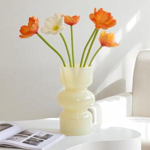 Cream Glass Vase 7 Inches Vintage Flower Vases for Centerpiece Table Decoration, Shelves, Colored Yellow Glass Vases for Flowers, Bouquet, Decorative Vase for Home Dcor, Living Room, Wedding