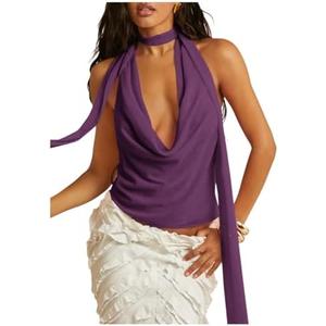 SOLY HUX Women's Sexy Deep V Neck Halter Tops Y2K Cowl Neck Backless Chiffon Summer Crop Top for Going Out Clubwear, Size: XL