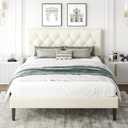 Queen Size Platform Bed Frame with Upholstered Headboard, Button Tufted Design, Strong Wooden Slats, No Box Spring Needed, Easy Assembly, Noise Free (Beige)