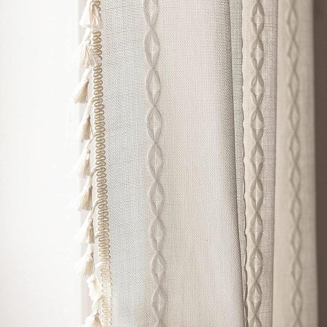 Deeprove White Boho Curtains 90 inches Length for Living Room Bedroom Nursery, Vintage Bohemian 90 inches Long Embroidery Farmhouse Light Filter Country Tassel Window Treatments, W52 x L90, 1 Panel