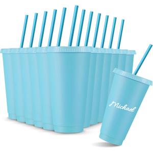 Amyhill 12 Pcs Reusable Plastic Cup with Lid and Straw 24 oz Plastic Tumbler Bulk Iced Coffee Cup Travel Mug for Girl Smoothie Juices Wedding Graduation Birthday Sleepover Party Supplies (Light Blue)