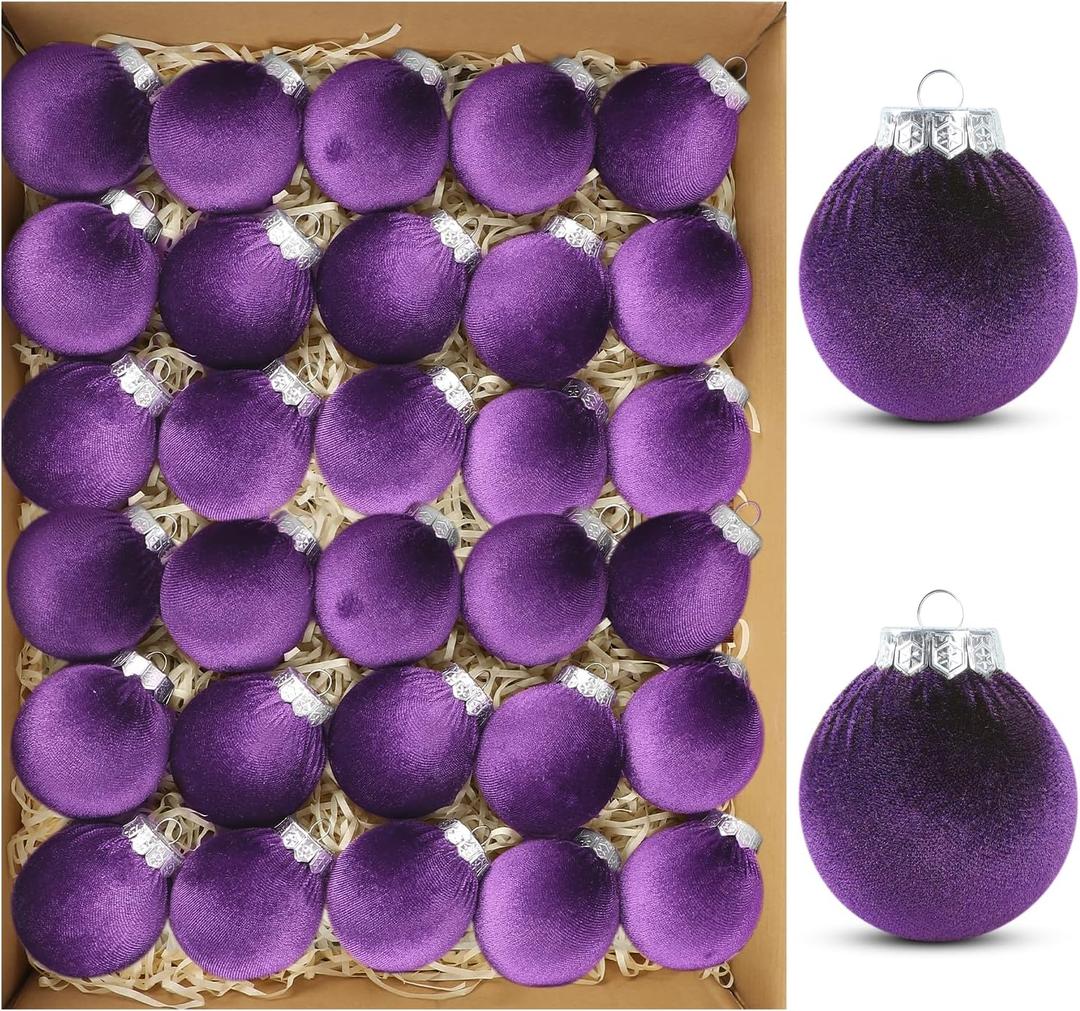 30Pcs Velvet Christmas Balls Christmas Tree Ornaments Velvet Balls Shatterproof Xmas Bulbs Decorations Set Purple Ornaments 2.4Inch for Xmas Holiday Party Indoor Decor