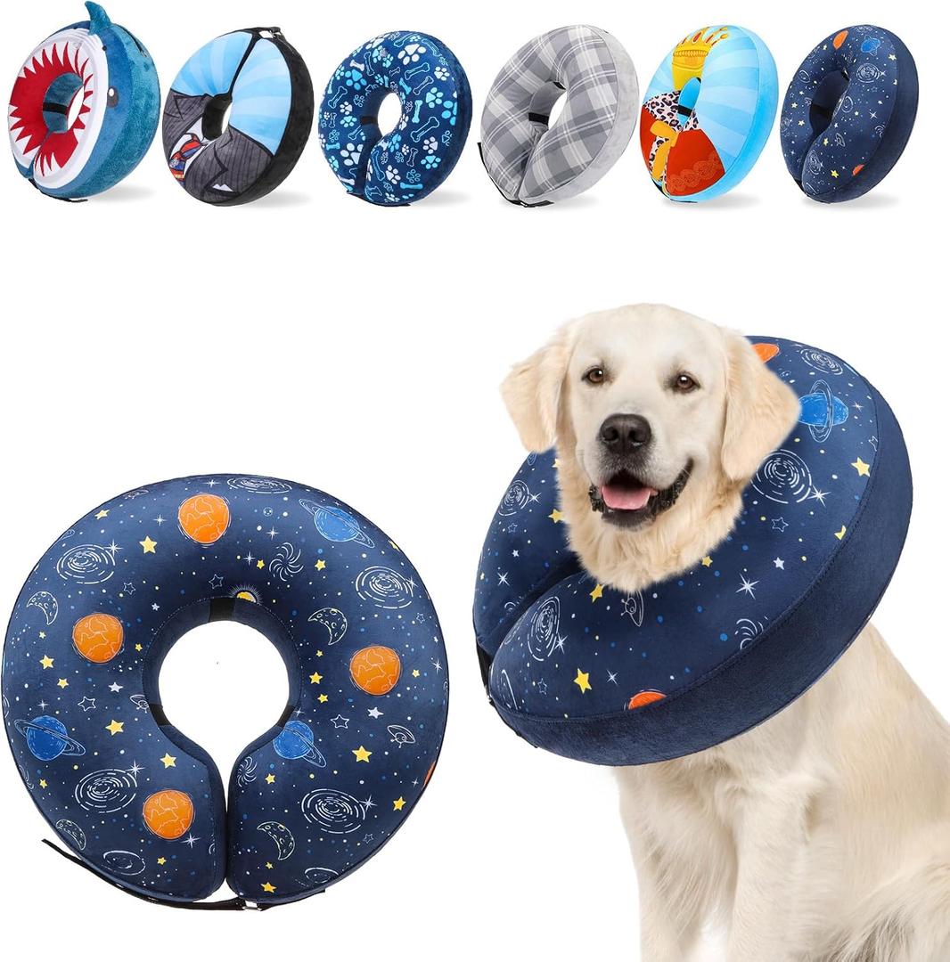 SCENEREAL Dog Cone Alternative After Surgery Donut Collar, Soft Pet Recovery Pillow Collar for Medium Large Dogs, Inflatable Adjustable Neck Collars to Prevent Licking, Planet Print E-Collars L