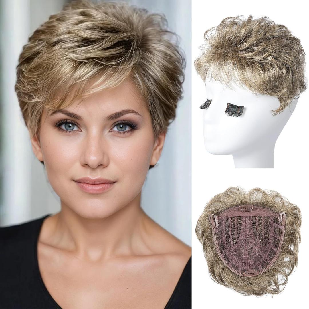 REECHO Hair Topper, Short Wiglet Hair Topper for Women with Thinning Large Coverage Synthetic Top Crown Hairpiece for Women - Honey Pecan