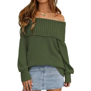 PRETTYGARDEN Womens Off The Shoulder Sweater Long Sleeve Tops Loose Knit Pullover Sweaters Fashion Fall Clothes 2025 (Green,Medium) (Green)