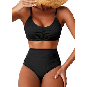 Herseas Women's Loop Straps Bikini Sets 2 Piece Shine Ribbed Swimsuits Ruched High Waisted Bathing Suits (Black), Small