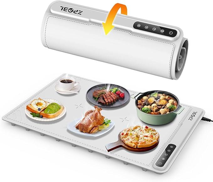Electric Warming Tray - Full Surface Heating,Rollable & Portable,Premium Silicone Nano-Material,3 Temperature Settings,Auto Shut-Off -Versatile Food Warmer for Gatherings,Parties,Everyday Use, Light Gray