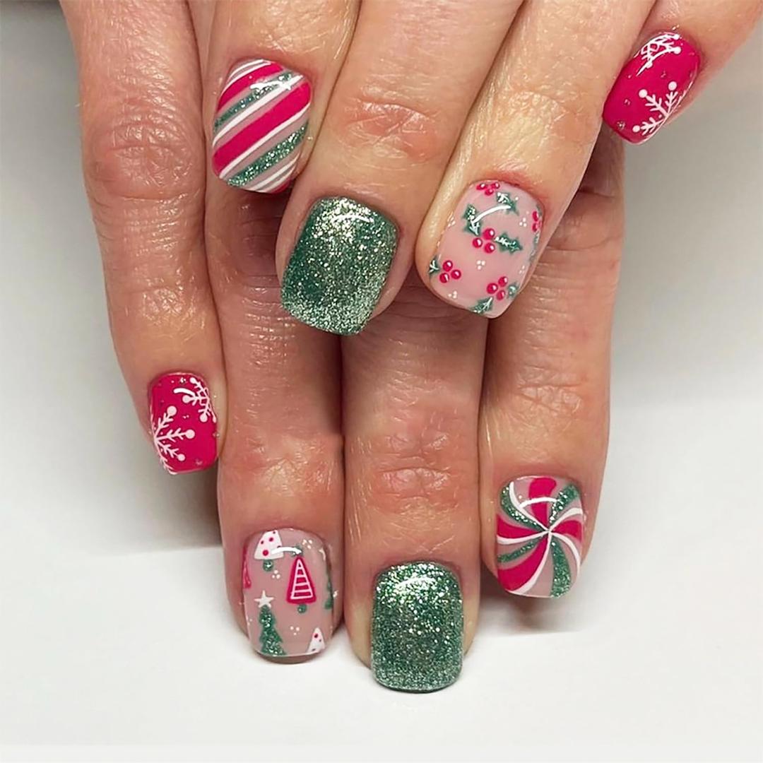 Christmas Snowflake Press on Nails Short Red Green Stripe Fake Nails Square Nails Reusable Christmas Acrylic Nails Full Cover Green Glitter False Nails Christmas Tree Stick on Nails for Women 24Pcs