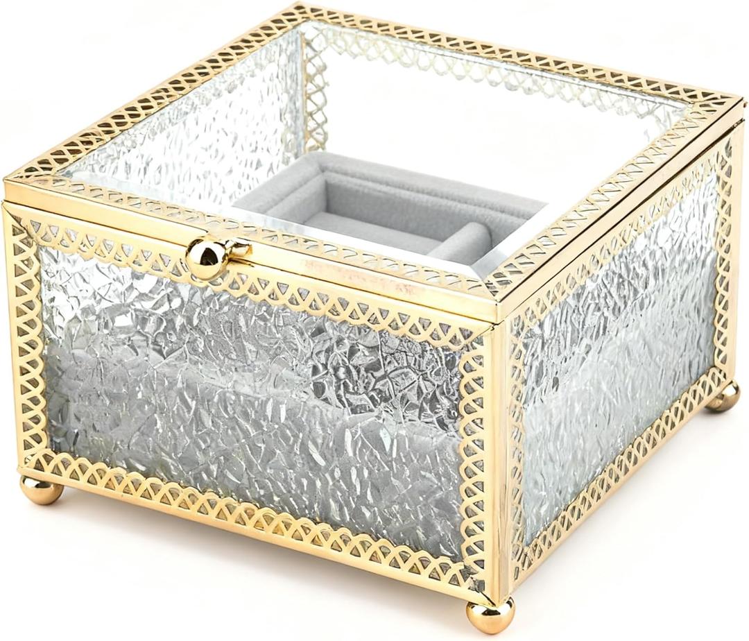 Gold Diamond Glass Jewelry Box, Keepsakes Box, Electroplated Metal Frame Textured Glass Trinket Box,with Velvet Compartment for Rings, Earrings, Vintage Elegant Decorative Storage for Vanity