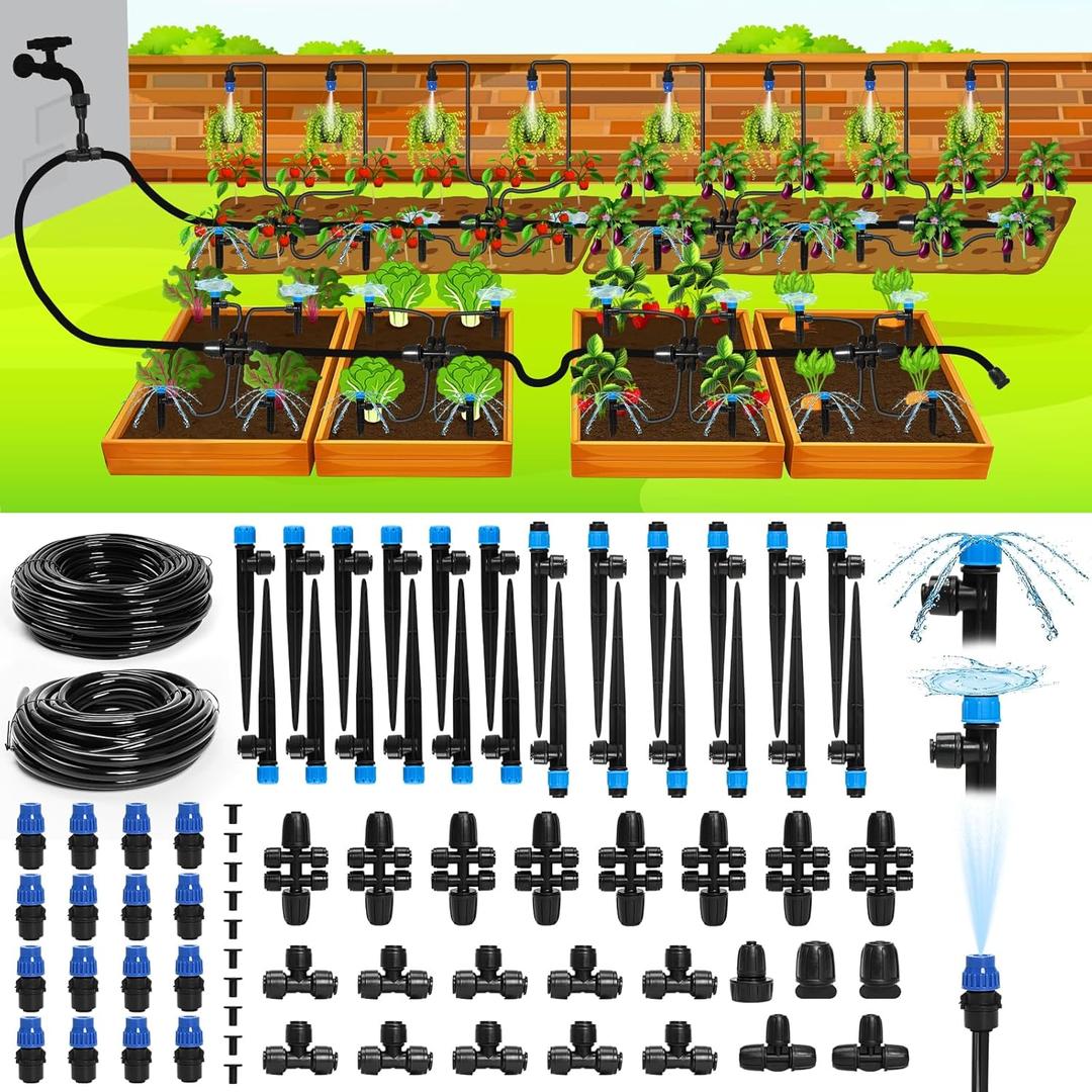 Bonviee Drip Irrigation System, 230FT Garden Watering System with Quick-to-Connect Fittings, Adjustable Drip Emitters, 1/4 & 5/16 Tubing, Drip Irrigation Kit for Raised Garden Beds, Greenhouse, Lawn
