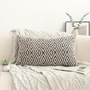 Jonhier Black White Boho Lumbar Throw Pillow Cover, Neutral Textured Geometric Rhombic Pattern Pillowcase, Farmhouse Accent Decorative Sham for Sofa Couch Bedroom Living Room, 12 x 20 inches, 1PCS