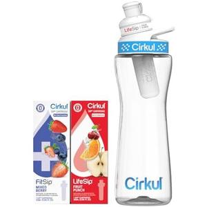 Cirkul 22oz. BPA-Free Plastic Water Bottle Starter Kit with Blue Lid, 2 Flavor Cartridges (1 LifeSip Fruit Punch, 1 FitSip Mixed Berry) Zero Calories and No Sugar