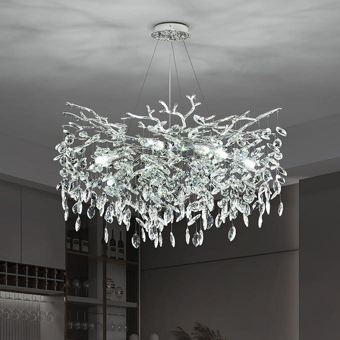 Modern Crystal Raindrop Chandelier, Silver Round Art Deco Tree Branch Lighting Fixture for Dining Room Living Room Foyer 8 Lights D23.7''
