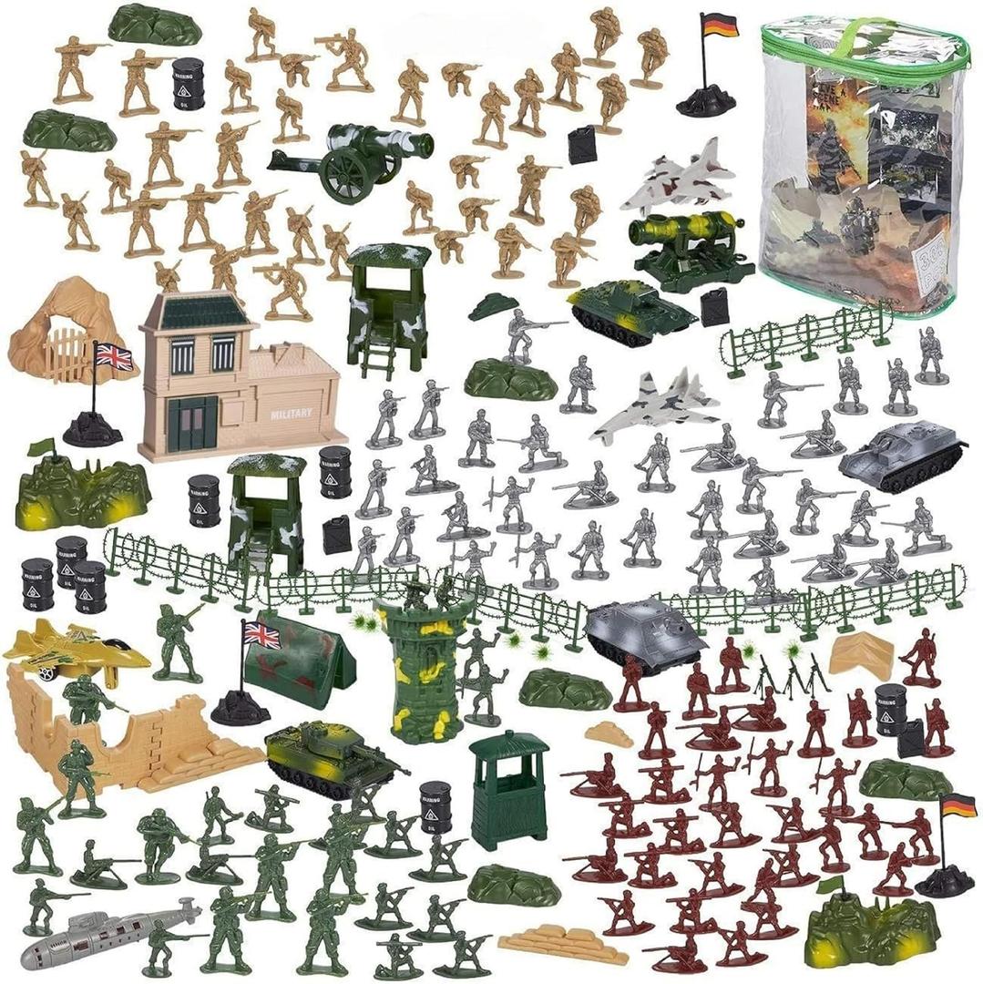 Blue Panda 300-Piece Military Toys Set - Plastic Army Men Action Figures & Toy Soldiers Playset with Tanks, Planes, Flags & Accessories for Boys Age 8+