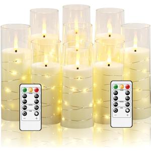 Flickering Flameless LED Candles,Battery Operated Candles 9 Pcs with Embedded Star String,Acrylic LED Pillar Candles with Remote,Suitable for Home Decoration to Create an Atmosphere (Ivory)
