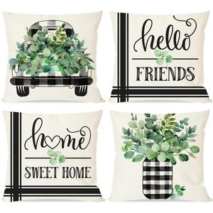 PANDICORN Spring Summer Pillow Covers 18x18 Set of 4, Green Eucalyptus Leaves Black Buffalo Plaid Check Truck Throw Pillows Cases, Modern Farmhouse Cushion Covers for Home Sofa Couch Decorations