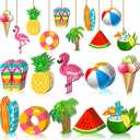 Chunful 30 Pieces Summer Tree Ornaments Christmas in July Wood Hanging Decoration Beach Wooden Slices Winter Tree Ornaments with String for Luau Hawaiian Party Supplies (Cute Style)