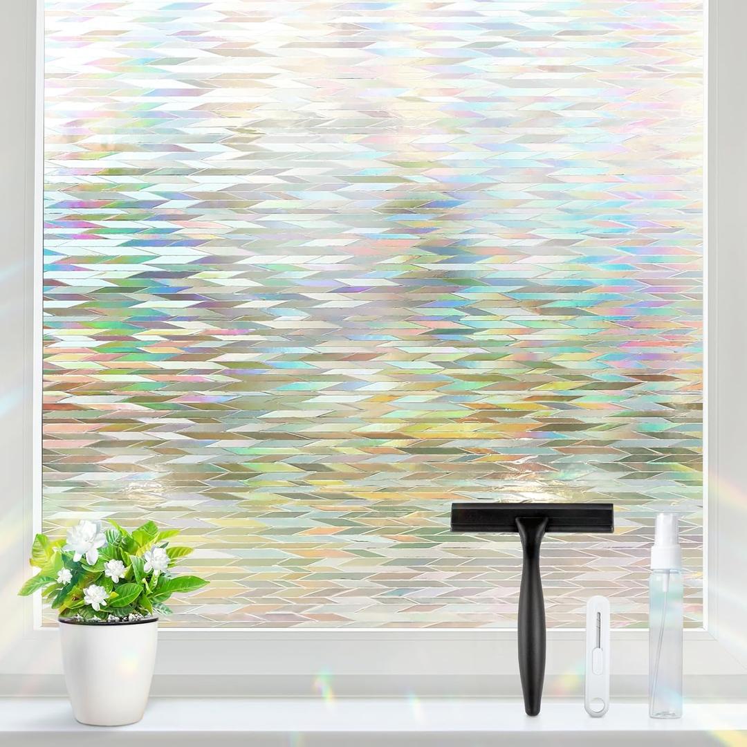 Rabbitgoo Window Privacy Film with Installation Tools, Stained Glass Window Film Rainbow Prism Decorative Glass Clings for Home Decor, Static Cling Covering Sun Blocking, 17.5" x 78.7"