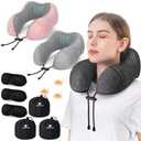 urnexttour Travel Pillow for Airplane Memory Foam Pillow, 3 Pack Neck Pillow for Travelling with Eye Mask, and Storage Bag, Sleeping Rest, Car, Train and Home Use Cationic, Black&Grey&Pink