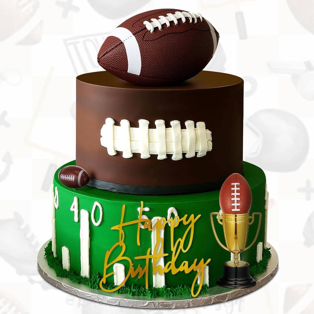 Large Football Cake Toppers 8pcs Include 5 Balls of Different Sizes 2 Trophies and 1 Happy Birthday Sign for Cake Decoration Sport Theme Party Ceremony
