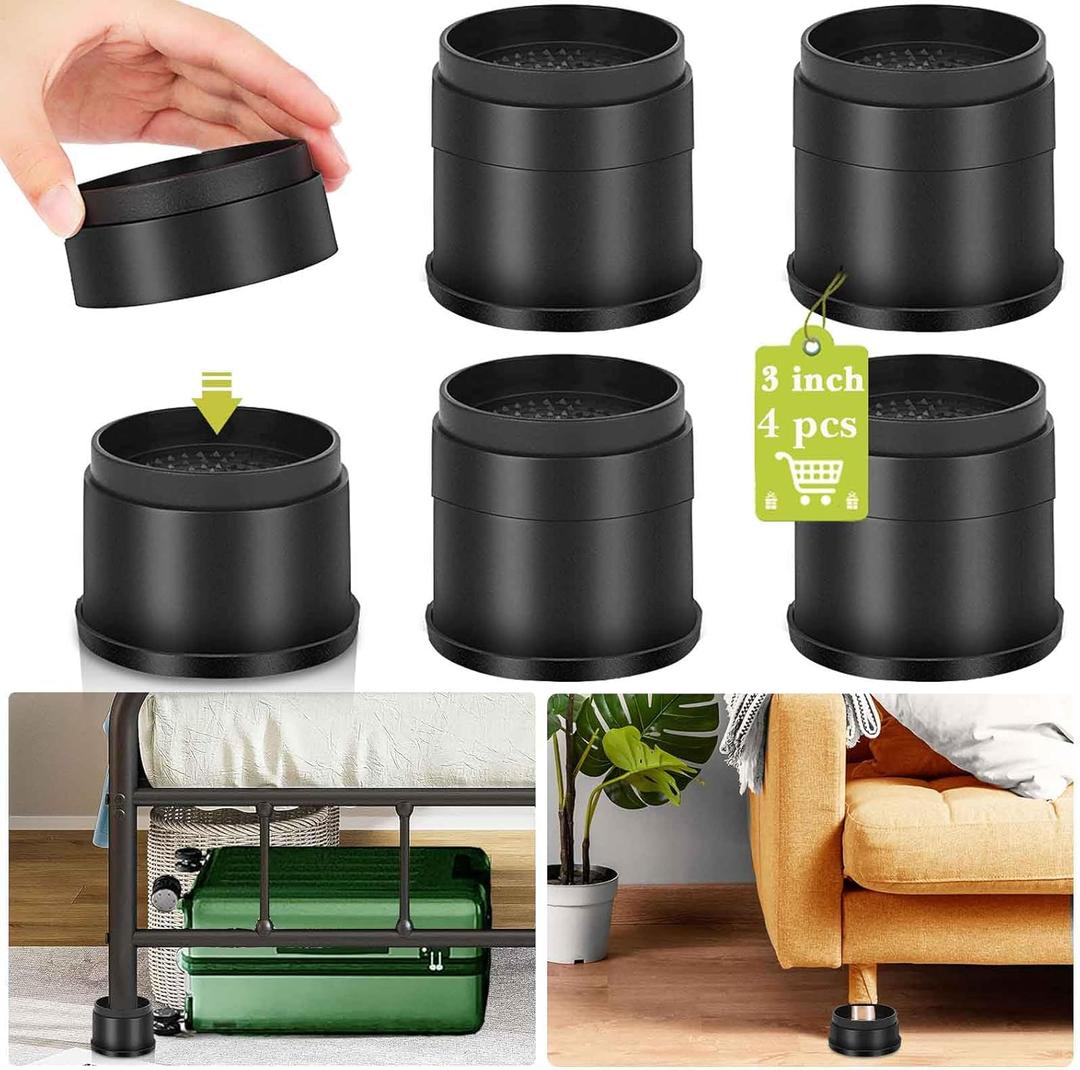 4 Pack Furniture Risers 3 Inch, Adjustable Bed Risers Heavy Duty for Table Desk Couch Chair Sofa Cabinet Bed Frame Dorm, Round Stackable Table Leg Risers Lift Height 1", 2 or 3", Black