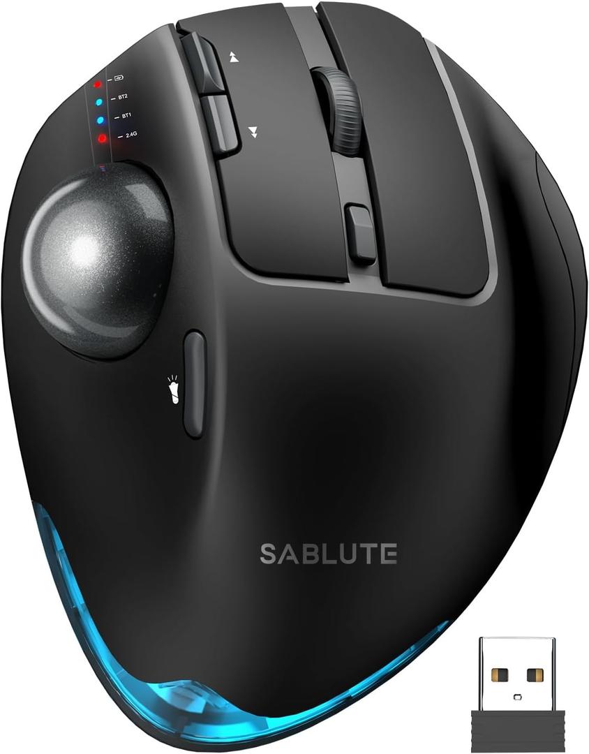 SABLUTE MAM1 Pro Ergonomic Wireless Trackball Mouse, Adjustable 0/18 Angle, Thumb Control, Quiet Clicks, 3 Multi-Device Bluetooth & USB Receiver, Rechargeable Mouse for Office, Windows Mac