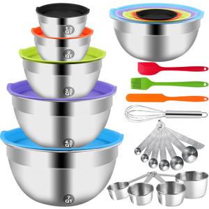 WEPSEN Mixing Bowls with Lid Set, 25PCS Kitchen Utensils Metal Bowl Stainless Steel Nesting Bowls, Measuring Cups and Spoons, Egg Whisk for Baking Prepping Cooking Serving Supplies