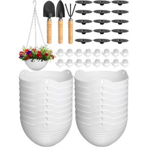 Eccliy Hanging Planters, Set of 16 Pcs Plastic Hanging Pots White Flower Plant Pots Baskets Hanging Chains Drainage Plugs Water Barrier with Small Garden Tools Set for Outdoor Indoor Home Garden