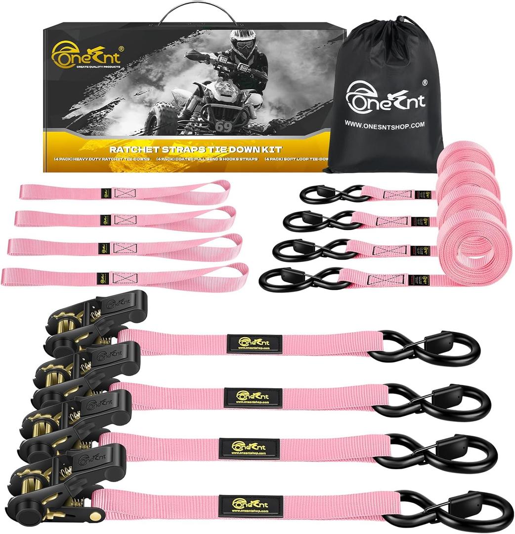 4Pcs Ratchet Tie Down Straps Kit for 2400lb Break Strength | 1 x 16FT Tie Down Straps with Soft Loop Tie-Downs & Safety S Hook - Cargo Strap Tie Down for Trucks, Motorcycle, Moving, Appliances - Pink