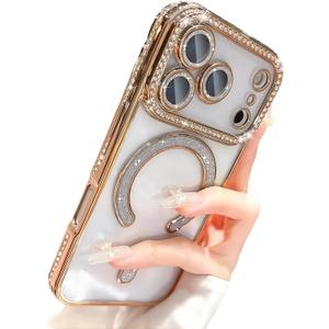 Magnetic Glitter Diamond for iPhone 17 Pro Max Case[Compatible with MagSafe] Sparkle Rhinestone Camera Lens Protector Plated, Crystal Clear Slim Military Drop Shockproof Cover for Women,Gold