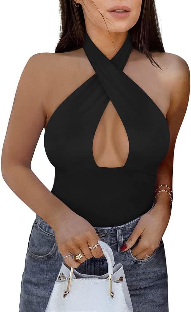 REORIA Butsmooth Women's Trendy Sexy Criss Cross Halter Neck Sleeveless Thong Bodysuits Tops Clubwear (Large, Black)